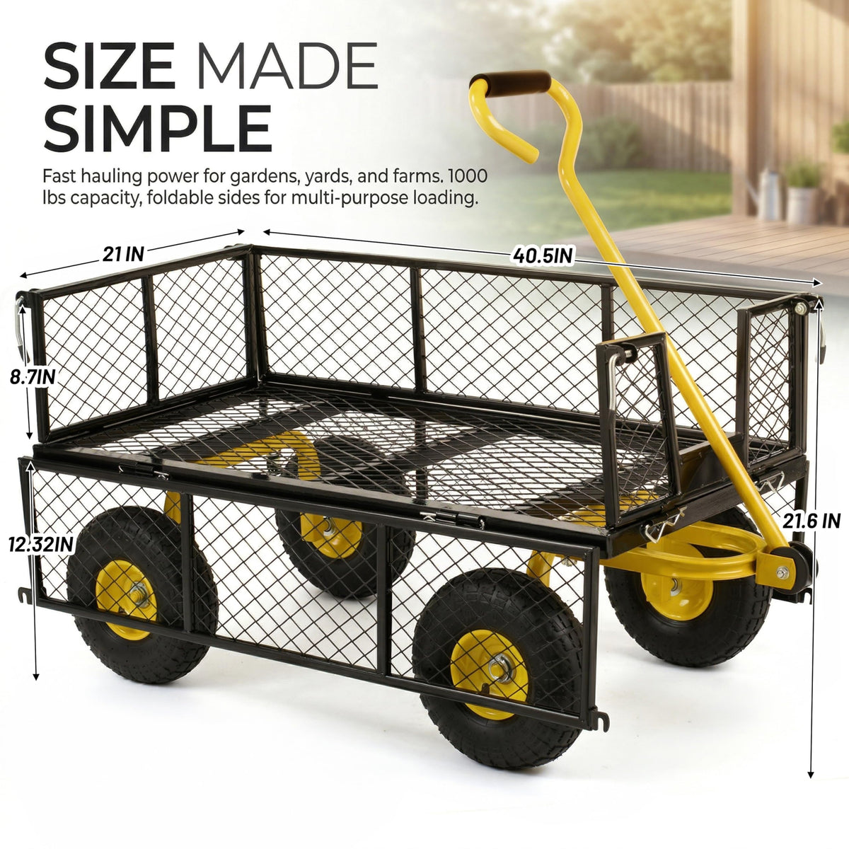 Finnhomy Heavy Duty 1000 Lbs Capacity Mesh Steel Garden Cart, Pullable Garden Wagons Carts on Wheels, Folding Utility Wagon with Removable Sides for Outdoor, Yard, Lawn, Yellow