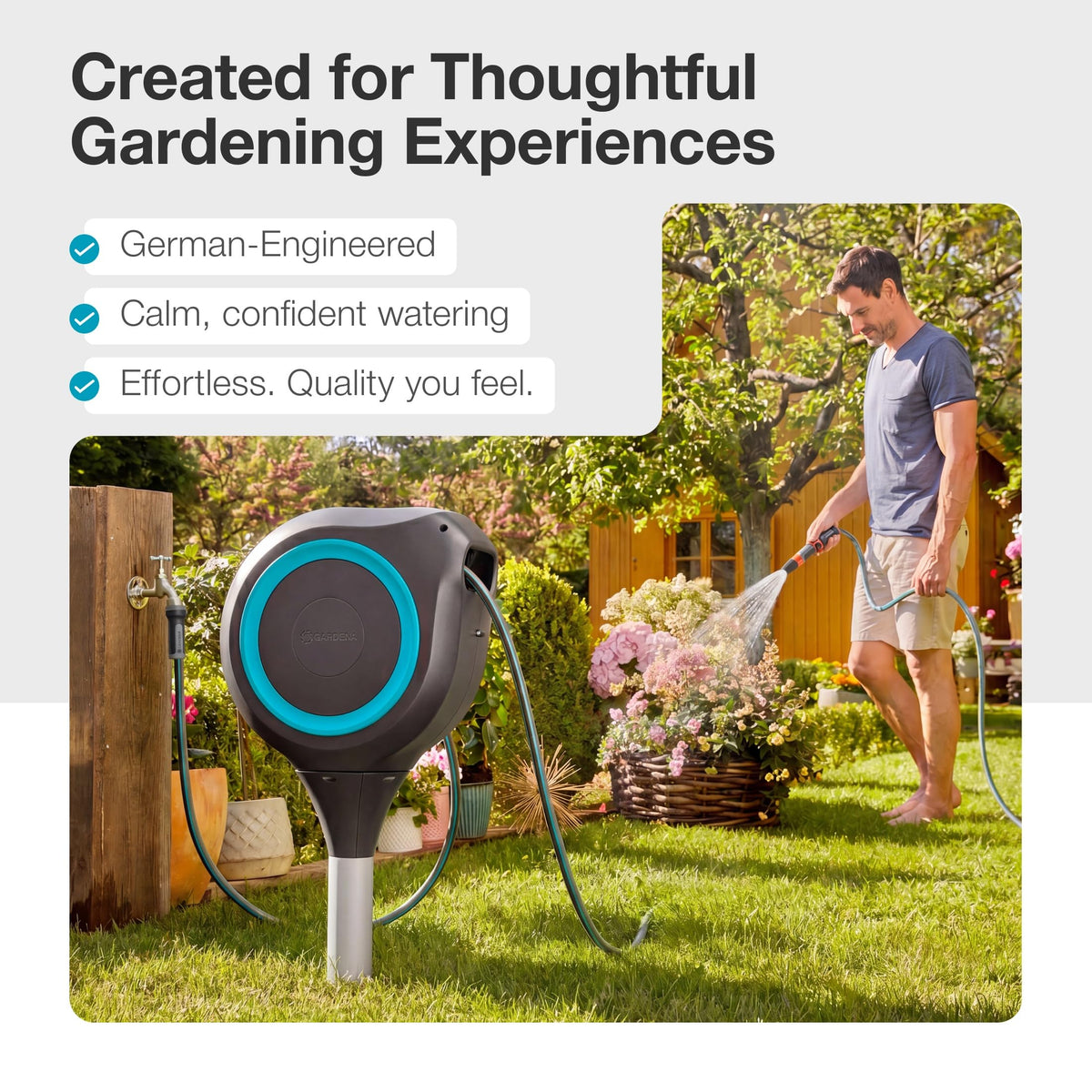 GARDENA Automatic Retractable Garden Hose Reel - 50 Feet - 360 Degree Swivel Outdoor Hose Reel with Metal Spike Base - Auto Retract - UV Resistant Housing - Easy Install No Tools Required - 18604