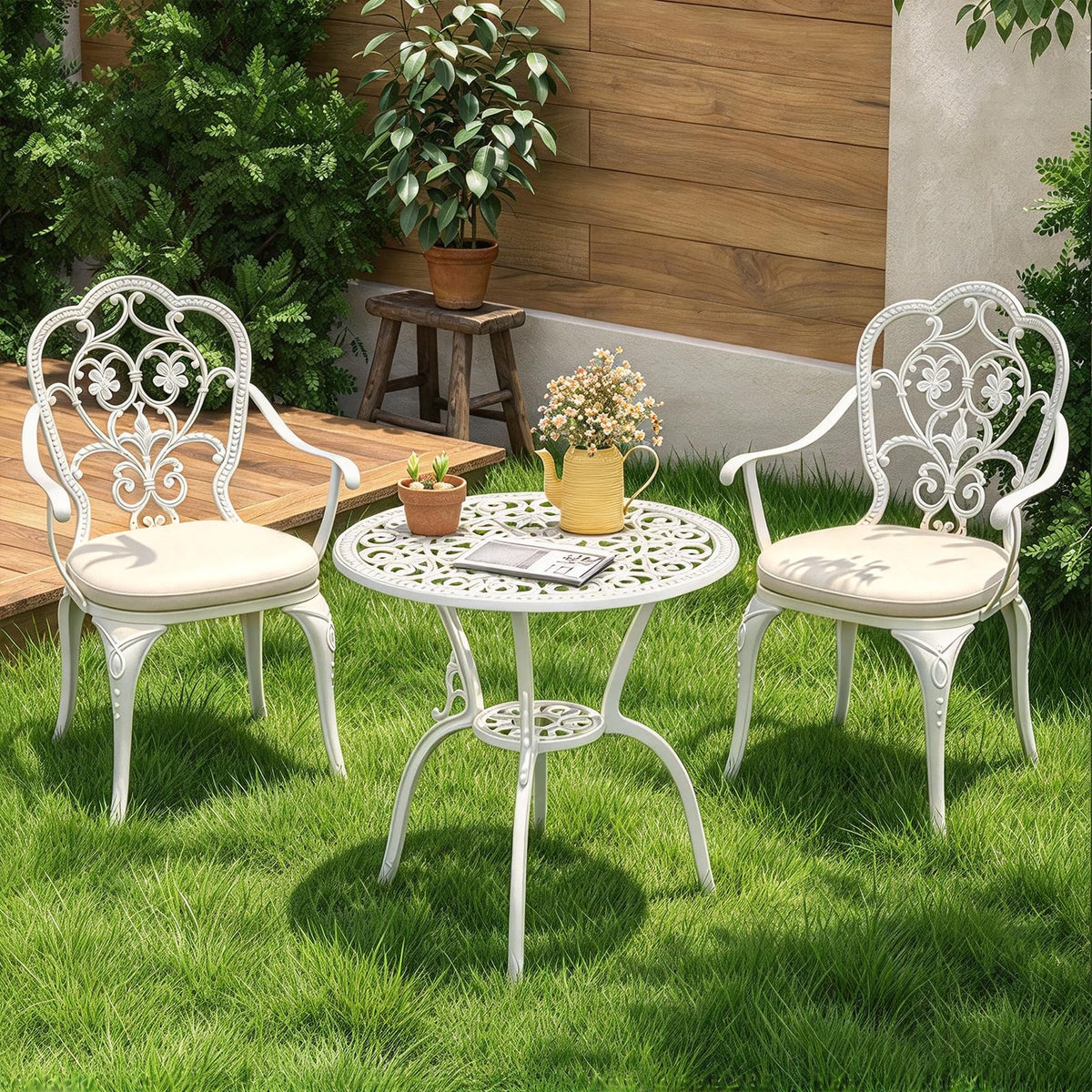 Patio Bistro Set of 2 w/Cushions and Umbrella Hole, White