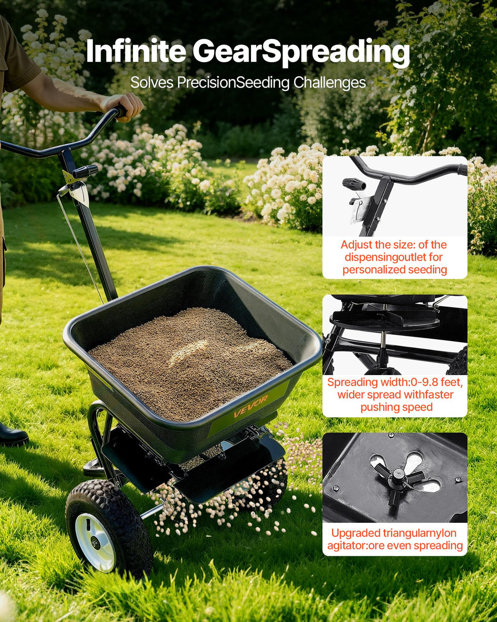 VEVOR Broadcast Spreader 130 lbs Capacity Hopper Walk-Behind Push Spreader | for Lawn & Garden Care, 12 ft Spreading Width, 13" All-Terrain Tires, Adjustable Flow Control for Fertilizer Seed Ice Melt