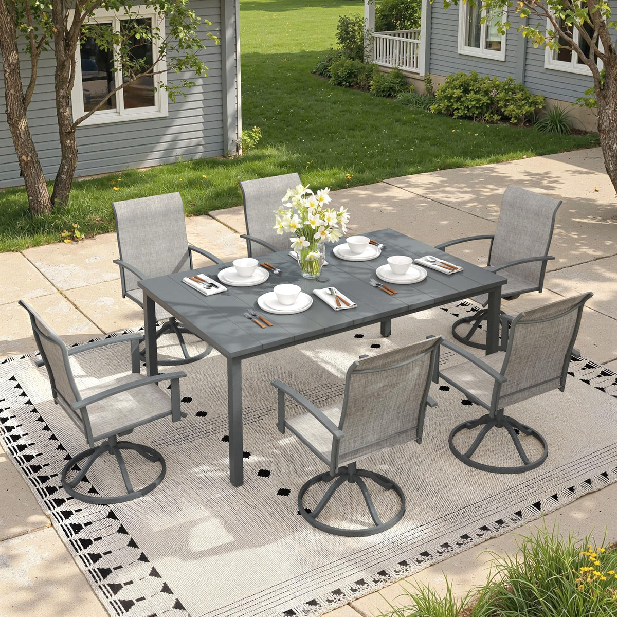 7 Pieces Patio Dining Set, Outdoor Furniture of 63" Rectangular Patio Table and Patio Swivel Chairs for Backyard Lawn Garden, Walnut Table and Black Chairs