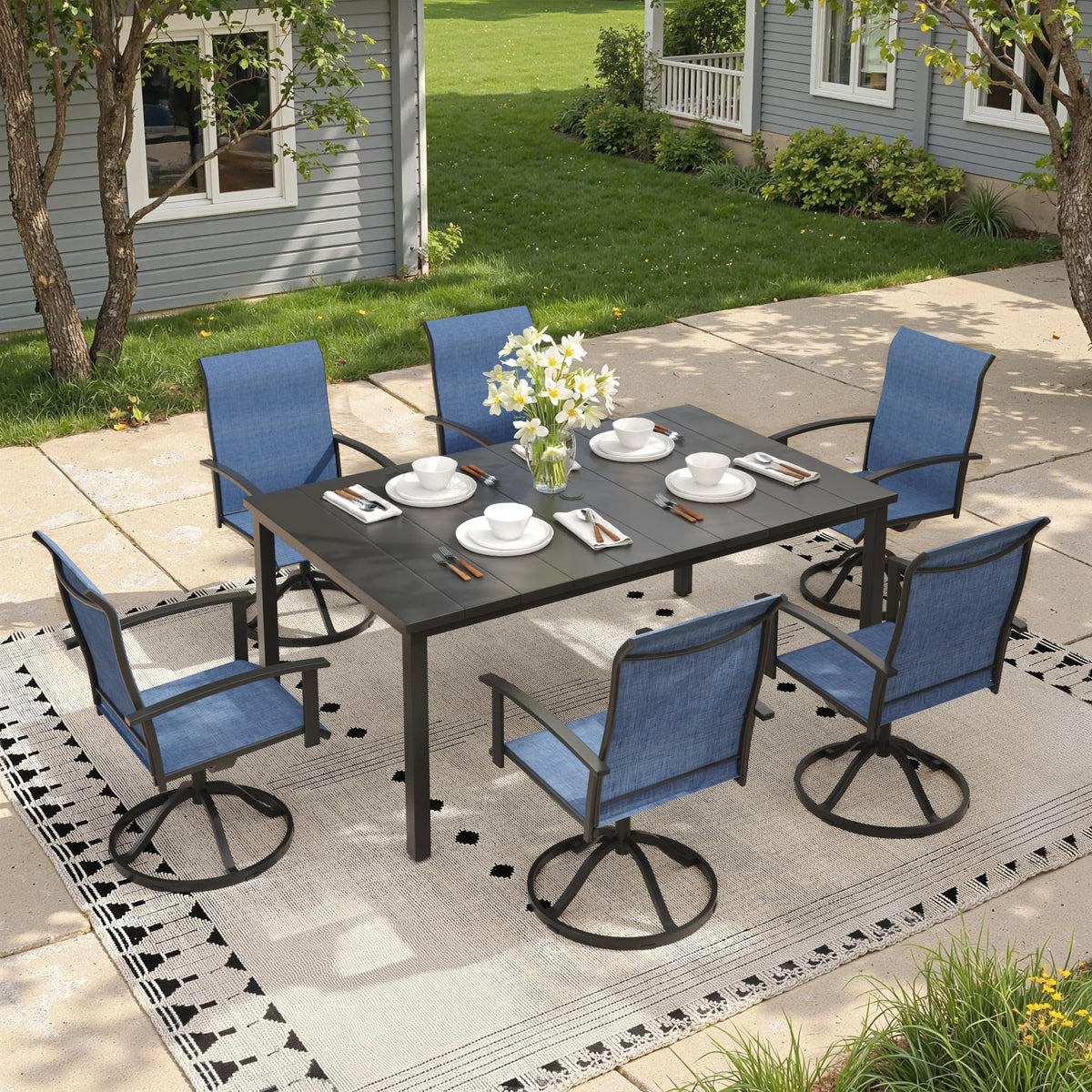 7 Pieces Patio Dining Set, Outdoor Furniture of 63" Rectangular Patio Table and Patio Swivel Chairs for Backyard Lawn Garden, Walnut Table and Black Chairs