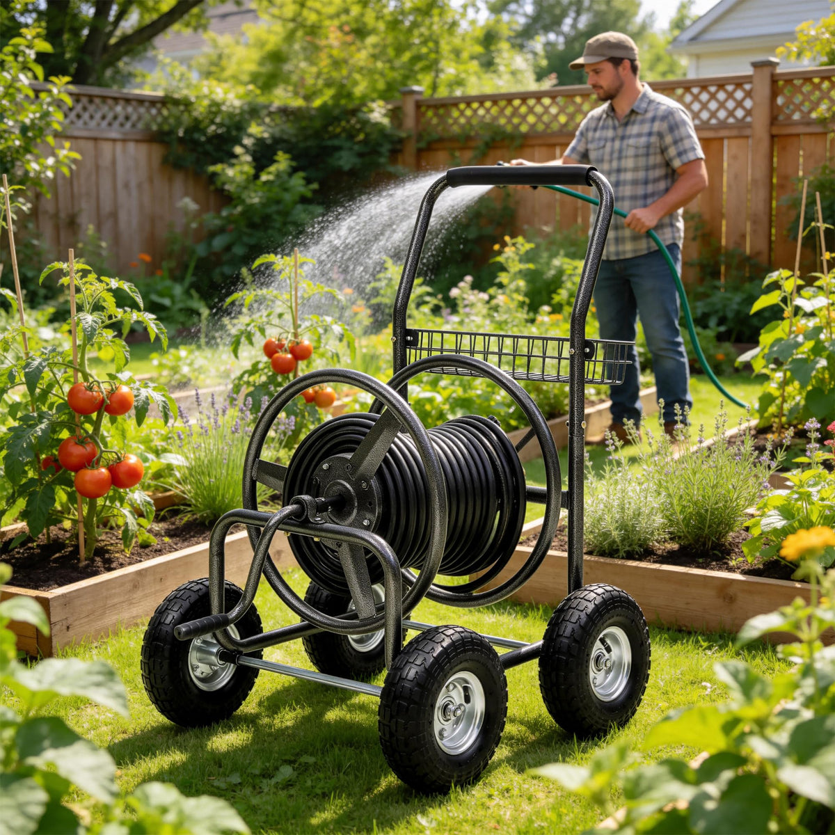 250ft Heavy Duty Hose Reel Cart with 4 Wheels, 5/8" Hose Capacity