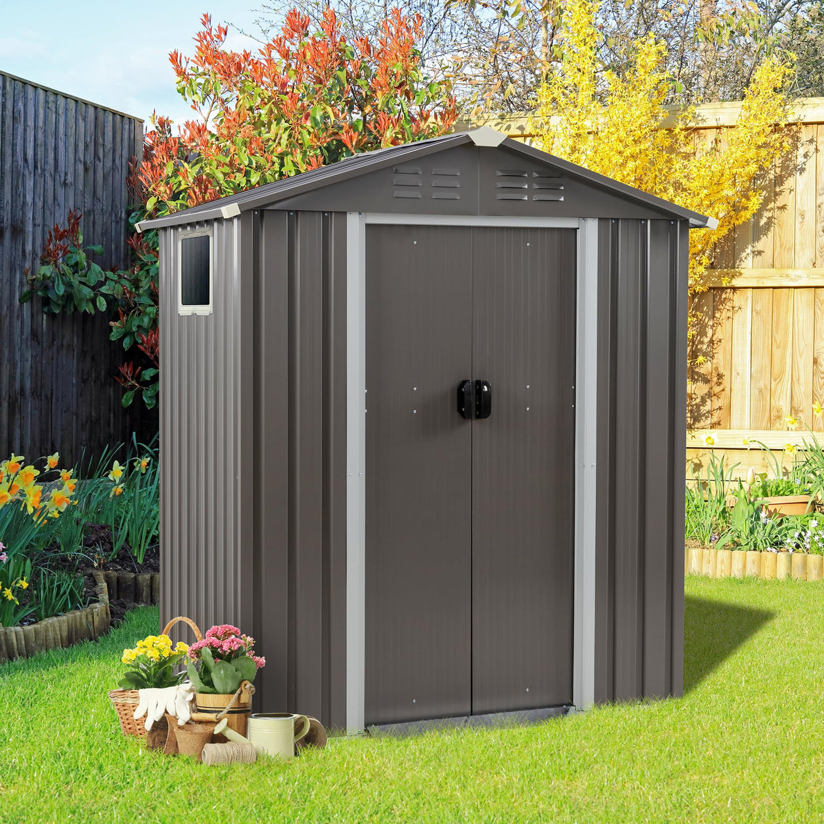 Vongrasig 5 x 3 x 6 FT Outdoor Storage Shed Clearance, Metal Garden Shed with Large Window and Lockable Door, Anti-Corrosion Waterproof Tool Shed for Backyard Patio, Lawn (Dark Gray)