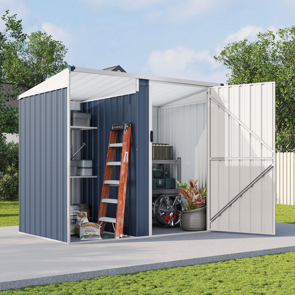 Jocisland 8 x 6 x 6 FT Resin Lean to Storage Shed with Floor, Slanted Roof, Lockable Door, 2 Windows, Outdoor Storage Shed for Backyard, Patio, Garden and Lawn