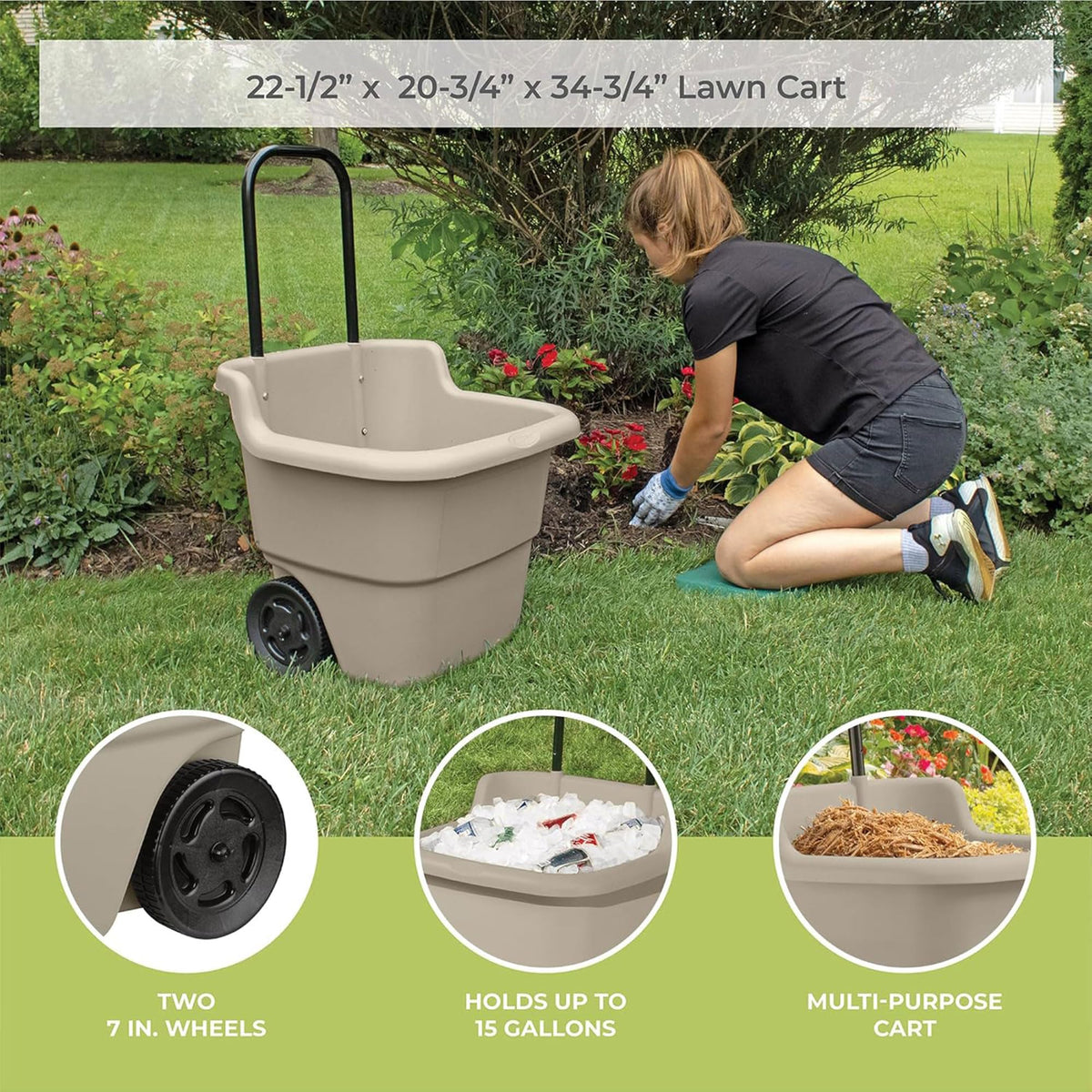 Suncast 2-Pack Multipurpose Rolling Lawn and Garden Utility Cart, 15 Gallon, Taupe - Outdoor Storage Carts with Wheels - Gardening Accessories, Tools, and Equipment