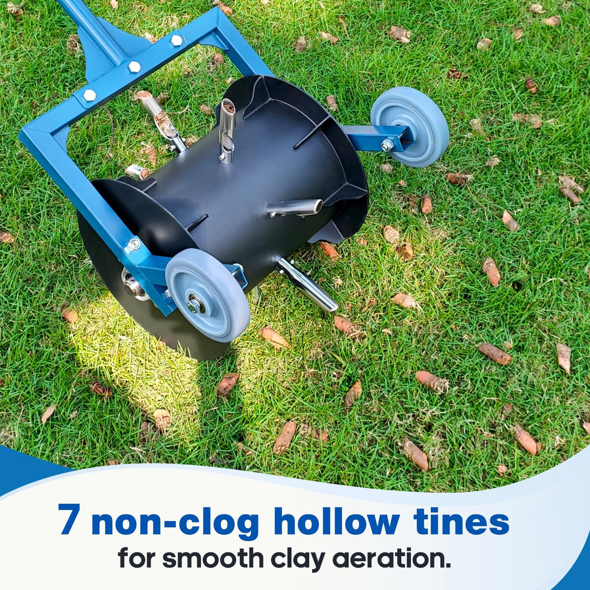 Rolling Lawn Aerator - Manual Push Roller, 7 Non-Clog Hollow Tines(Blue)