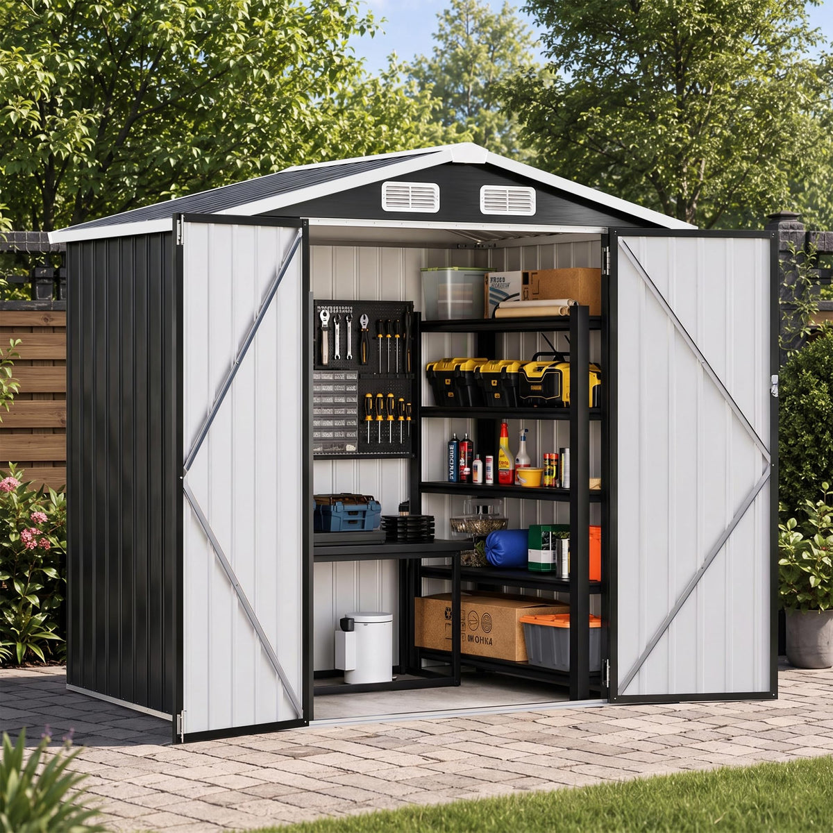8x6FT Outdoor Storage Shed, Tool Shed with Sloping Roof and Lockable Door, Galvanized Metal Shed for Backyard Garden Patio Lawn, Brown1