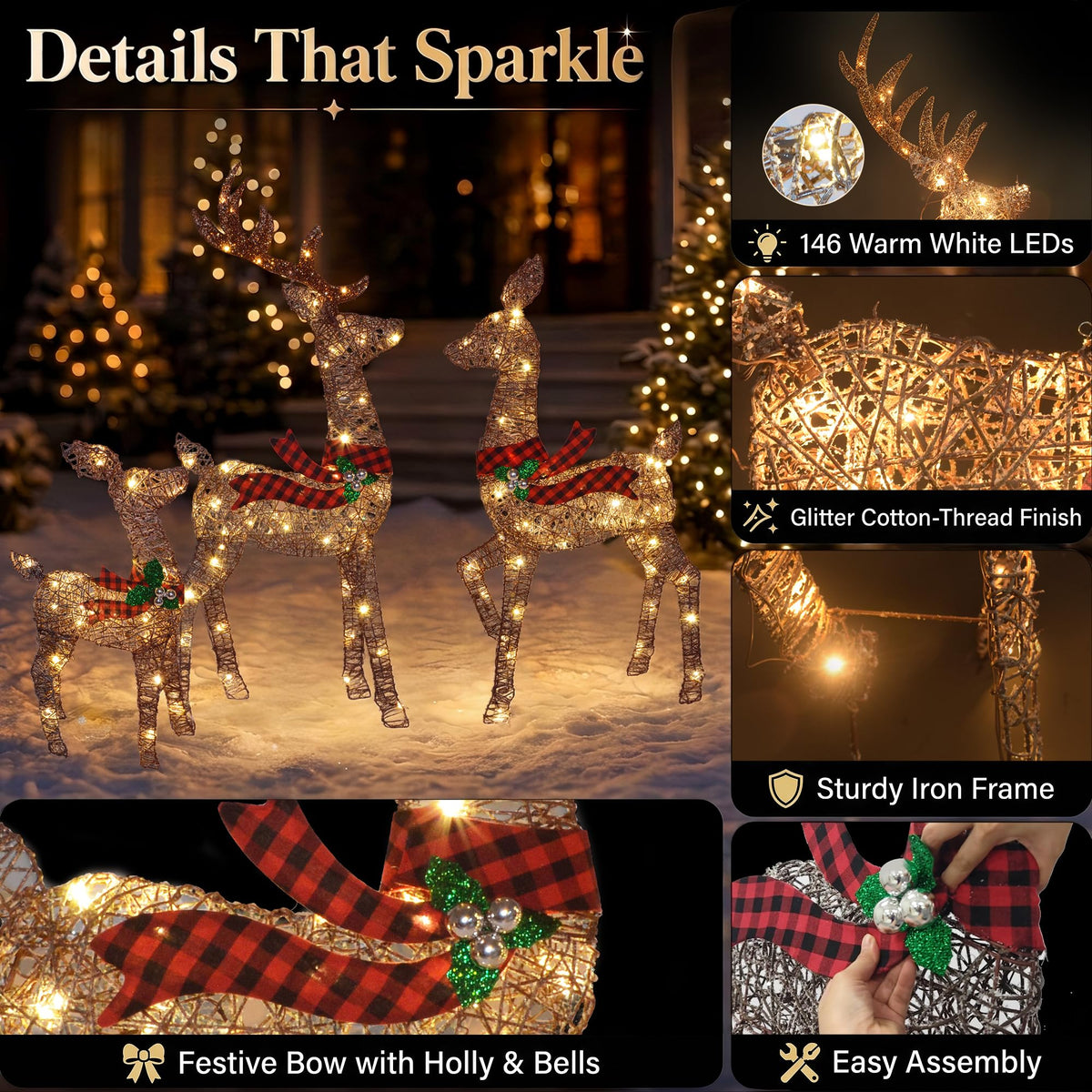 3-Piece 3D Lighted Christmas Deer Family Set, 146 Warm White LED Reindeer Decorations Outdoor, 52" Large Gold Christmas Yard Decorations with Stakes, Waterproof Holiday Lawn Decor for Garden Porch