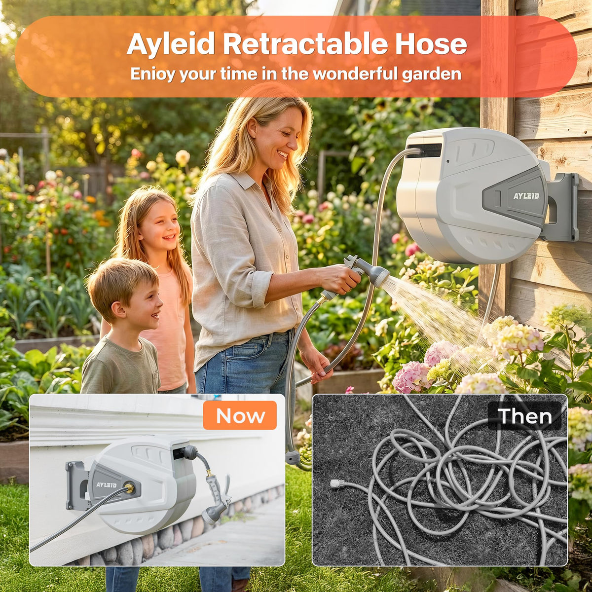 Retractable Rubber Hybrid Garden Hose Reel, 1/2"x130ft Wall Mount