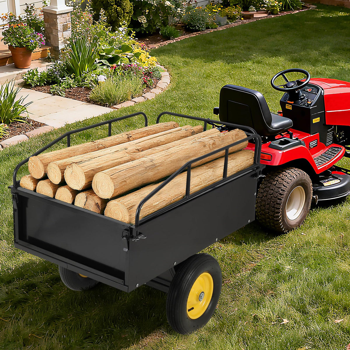 Garvee Garden Utility Trailer, 17 Cu. Ft & 750 LBS Capacity, ATV UTV Hauling Trailer, Tow Behind Steel Dump Cart, Hand Pull or Foot Pedal, Heavy Duty Yard Trailers for Lawn Mower Tractor