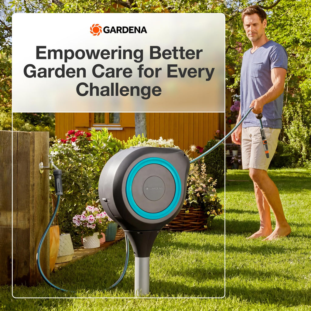 GARDENA Automatic Retractable Garden Hose Reel - 50 Feet - 360 Degree Swivel Outdoor Hose Reel with Metal Spike Base - Auto Retract - UV Resistant Housing - Easy Install No Tools Required - 18604