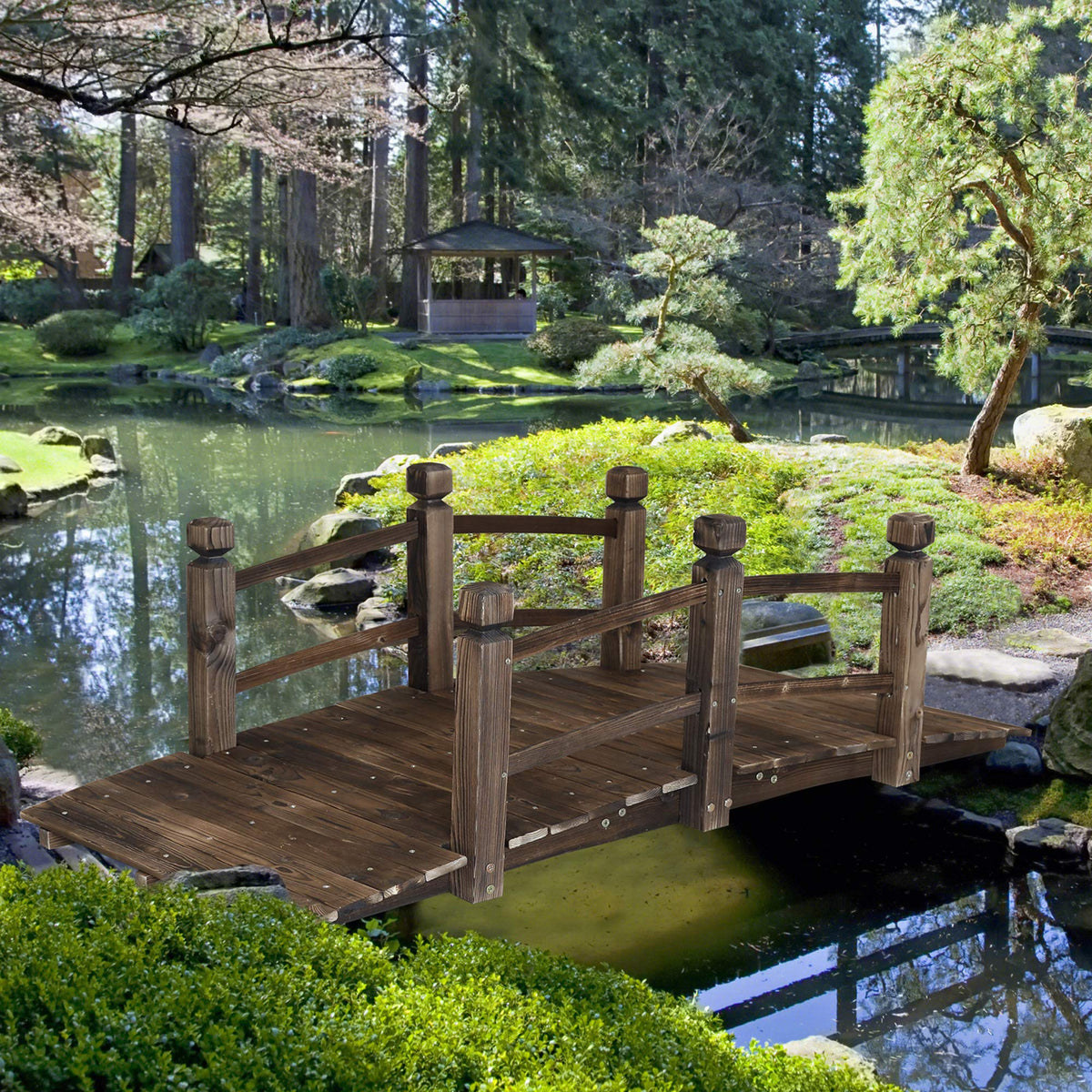 5FT Wooden Garden Bridge Arch Stained Finish Footbridge Decorative Backyard Bridge with Double Safety Railings Outdoor Lawn Pond Bridge Walkway for Garden Yard Patio Courtyard Farm Stream Creek