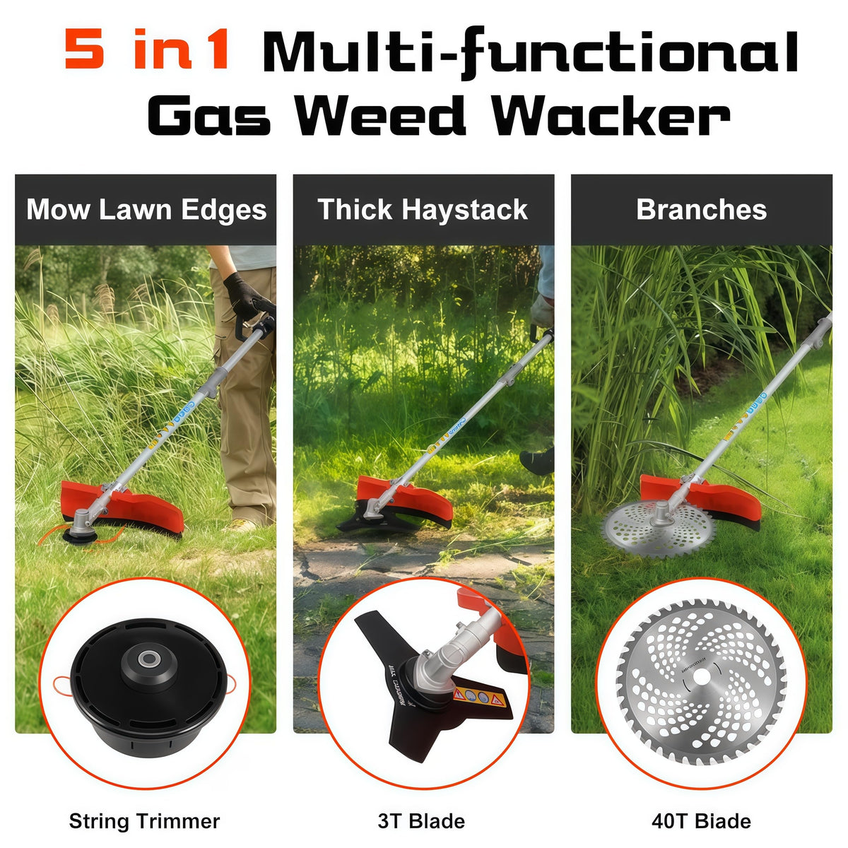 5 in 1 Gas Weed Eater, 52CC 2-Cycle Pole Saw Hedge Trimmer Combo