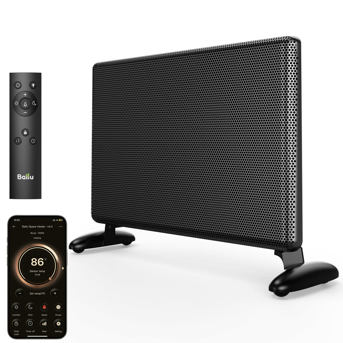 Ballu Mica Infrared Space Heater Indoor Use,Large Room Panel Heater with Programmable Thermostat,WiFi App Control,Portable Stand or Wall Mount,Energy Efficient Smart Quiet Heater,Work with Alexa,White