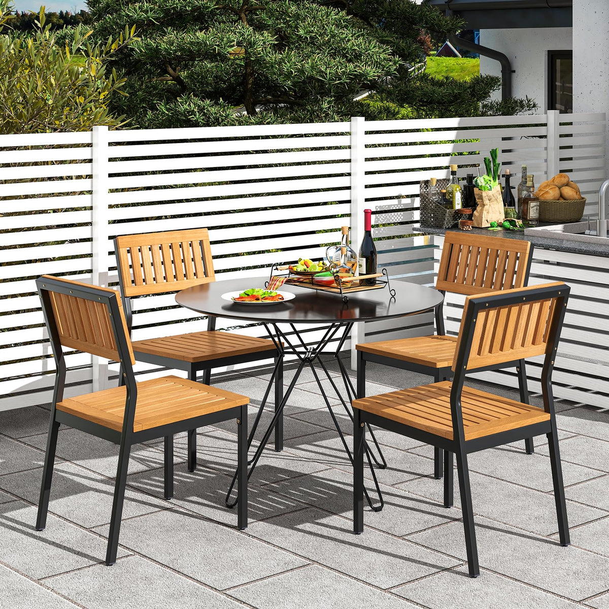 Tangkula Patio Dining Chair Set of 4, Outdoor Acacia Wood Chairs with Metal Frame, All-Weather Bistro Chairs, for Indoor Lawn Backyard Patio Garden Deck Balcony