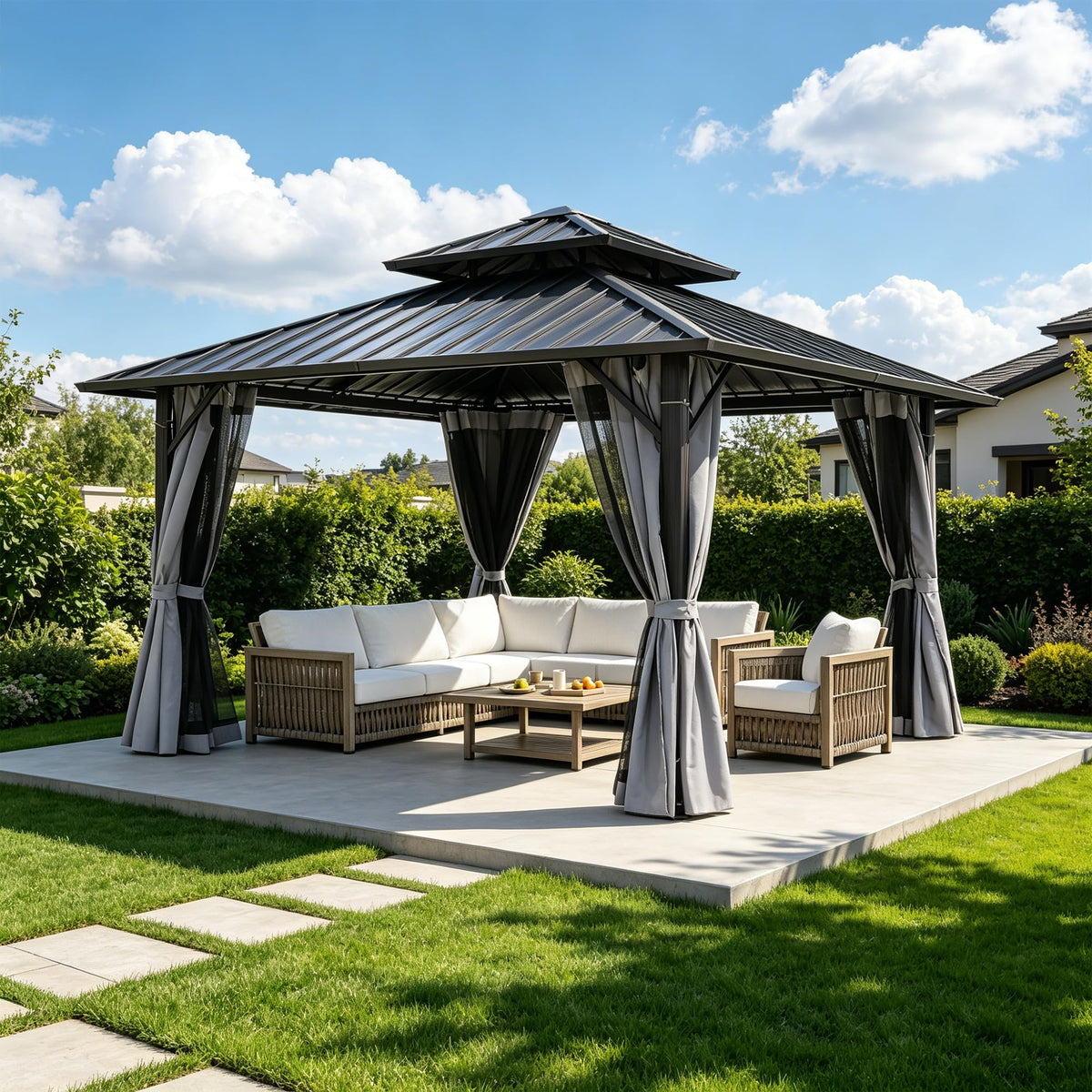 12x12FT Hardtop Gazebo with Galvanized Steel Roof, Heavy Duty Aluminum Double Vented Roof Outdoor Patio Gazebo with Netting & Curtains, Weather Resistant for Backyard Deck Garden Lawn, Khaki