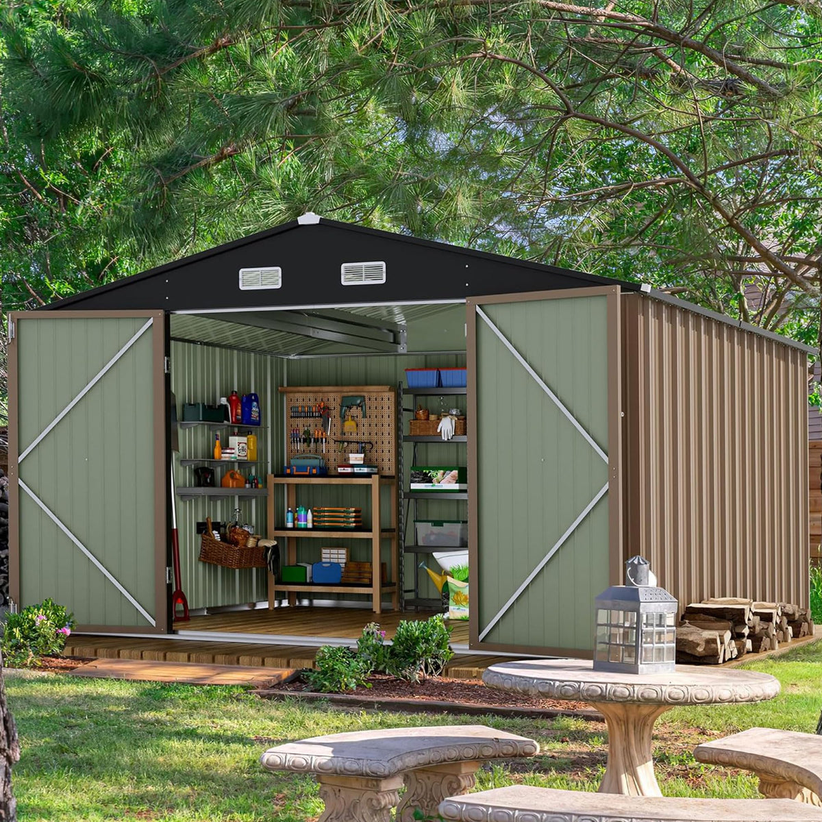 Devoko 10x8 FT Outdoor Storage Shed, Brown